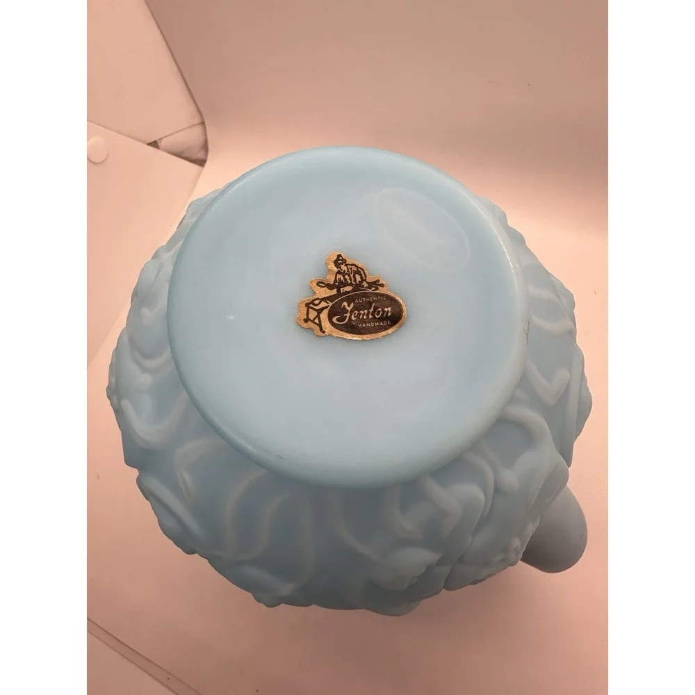 Vintage Fenton Blue‎ Satin Glass Water Lily Pattern Pitcher